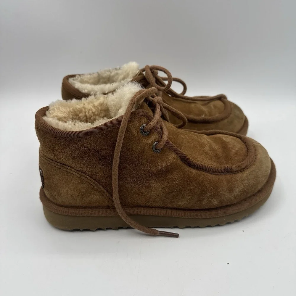 Ugg 3 Big Kids Boots Ankle Booties Lace Up Genuine Sheep Skin Fur Lined Leather